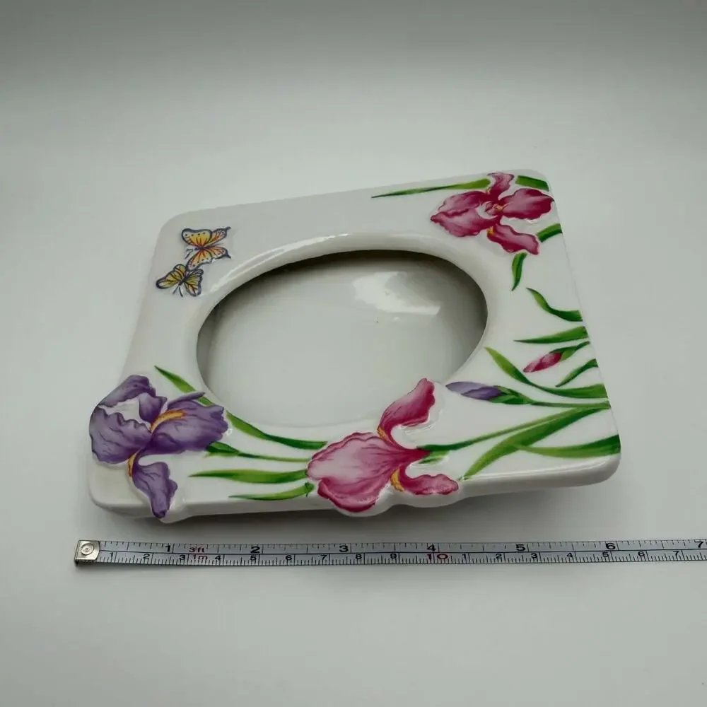 Vintage 3D Porcelain Tabletop Photo Frame Pink Purple Iris Flowers Butterflies